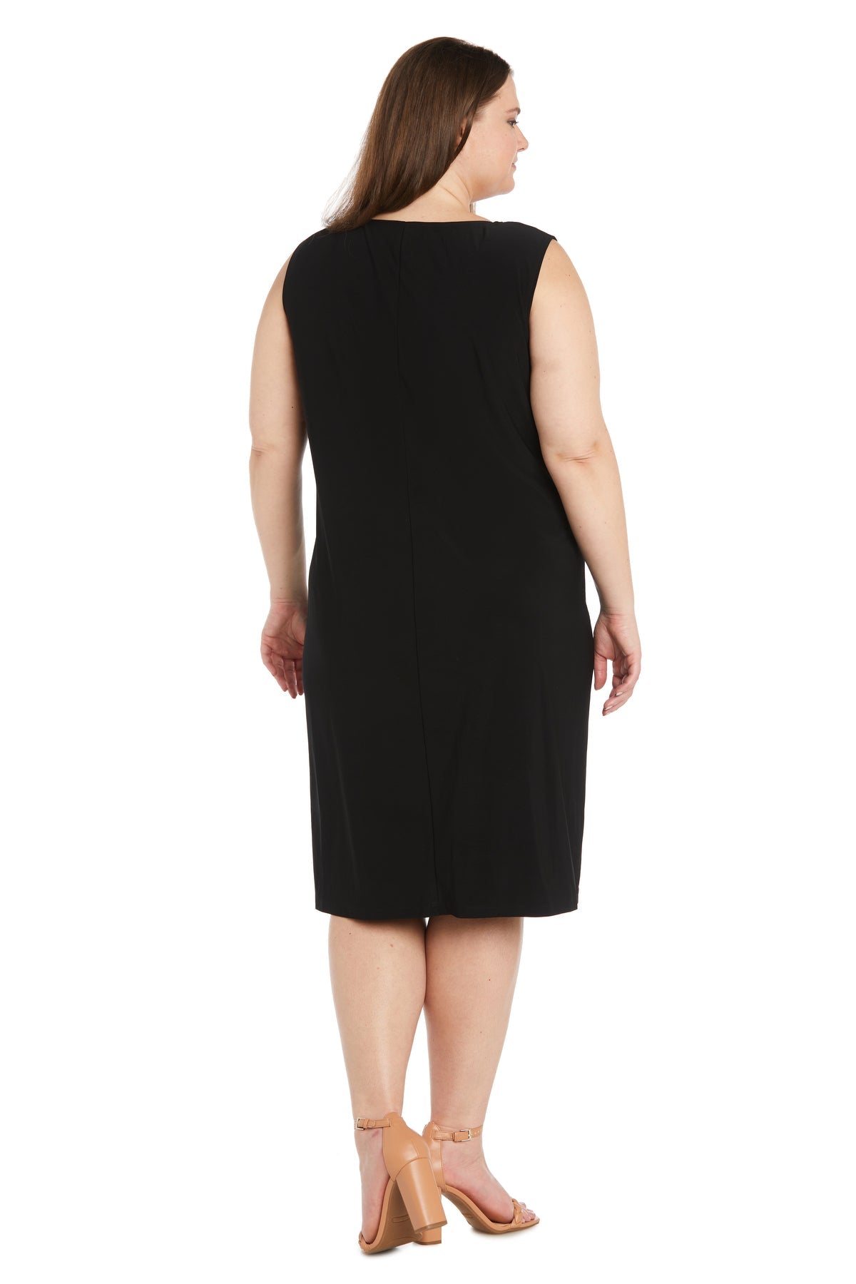 A woman faces away, modeling the R&M Richards 3312W Plus-Size Jacket Party Dress with nude heels against a white background.