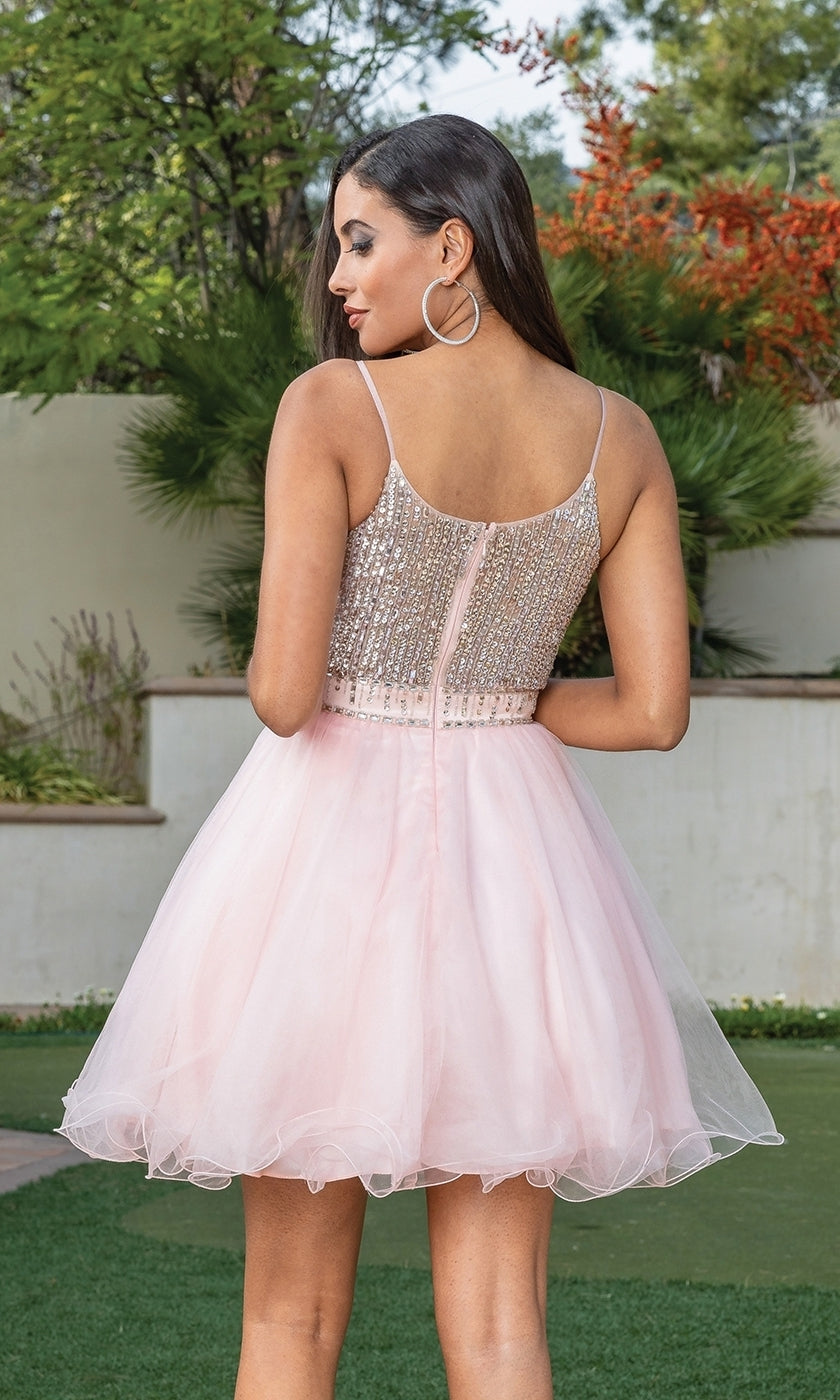 A woman stands outdoors facing away from the camera, wearing the Beaded-Bodice Short Babydoll Homecoming Dress 3313, which features a light pink color with a beaded bodice and tulle skirt.