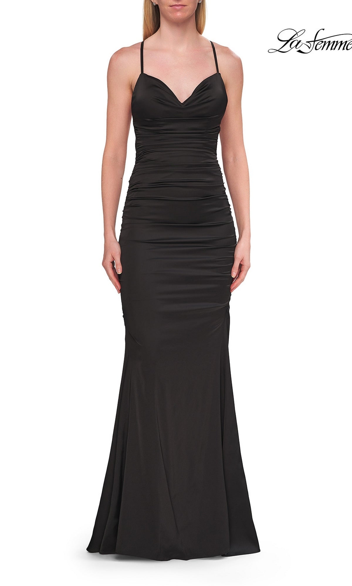 A woman shown from the front against a white background models the La Femme 33193 Low Open-Back Long Prom Dress in black—a fitted, sleeveless evening gown with thin straps, an elegant cowl neck detail, and a subtle mermaid silhouette.