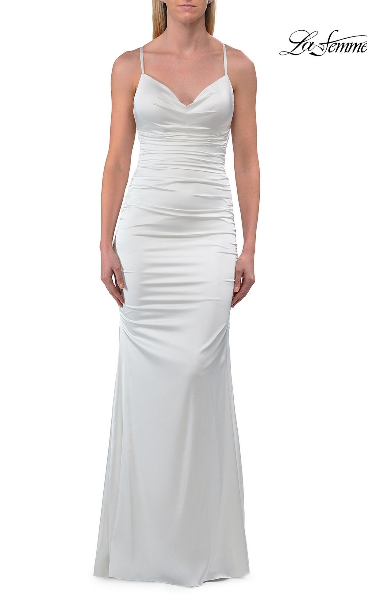 An elegant woman wears the La Femme 33193 low open-back long prom dress in ivory, featuring a chic cowl neckline, delicate thin straps, fitted waist, and a slight flare at the hem. The La Femme logo appears in the top right corner, highlighting this stunning sleeveless satin gown.