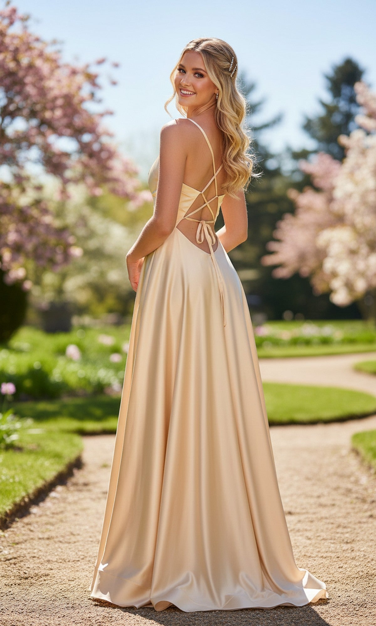 A woman wearing the Lace-Up Long Satin Prom Dress: La Femme 33373 with crisscross straps stands on a garden path, surrounded by blooming trees on a sunny day.