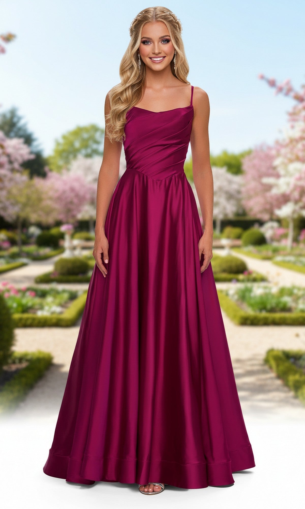 A woman stands outside on a garden path, surrounded by blooming trees and manicured bushes, wearing the sleeveless Lace-Up Long Satin Prom Dress: La Femme 33373 in maroon.