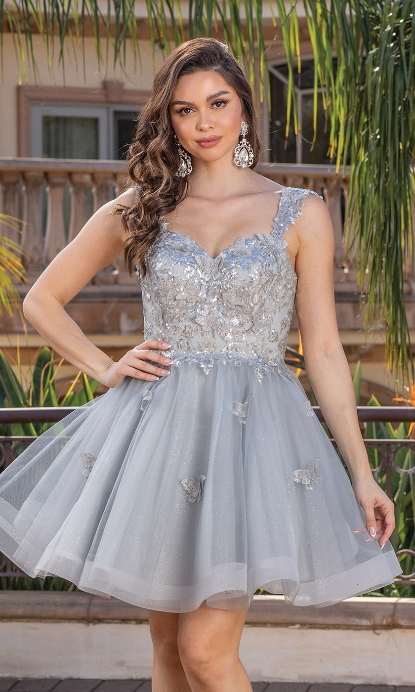 Embroidered-Lace Short Babydoll Hoco Dress 3338