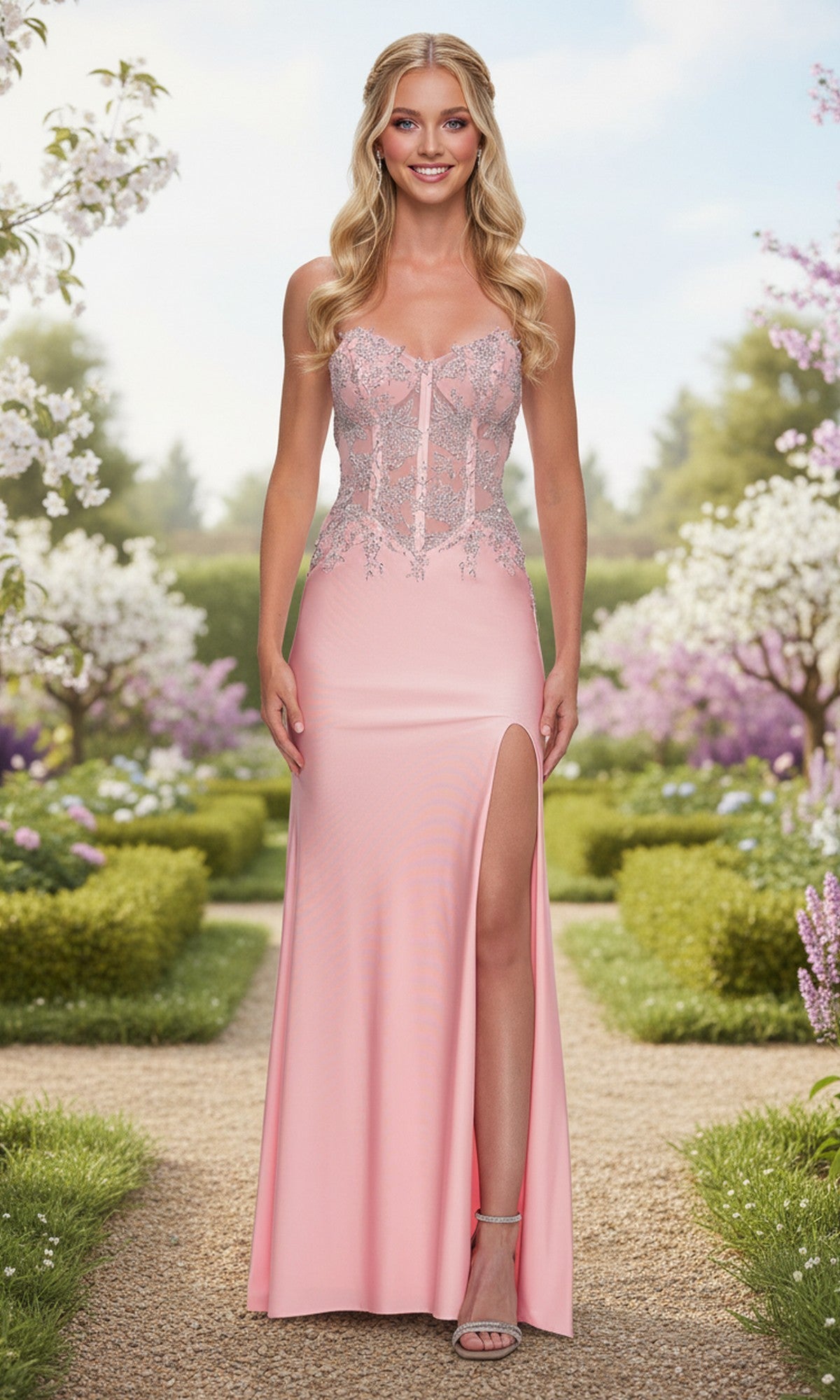 A woman stands outdoors in the La Femme 33398 long prom dress in baby pink, featuring a lace corset bodice and thigh-high slit, surrounded by blooming trees and manicured hedges.
