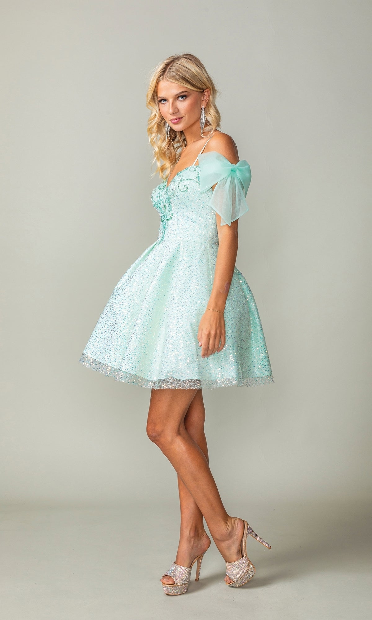Shoulder-Bow Short Glitter Homecoming Dress 3363