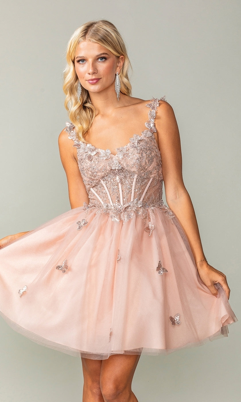Woman wearing the Rose Gold Short Butterfly Homecoming Dress 3367, a sleeveless short party dress with floral lace and a fitted corset-bodice, posing against a plain background.