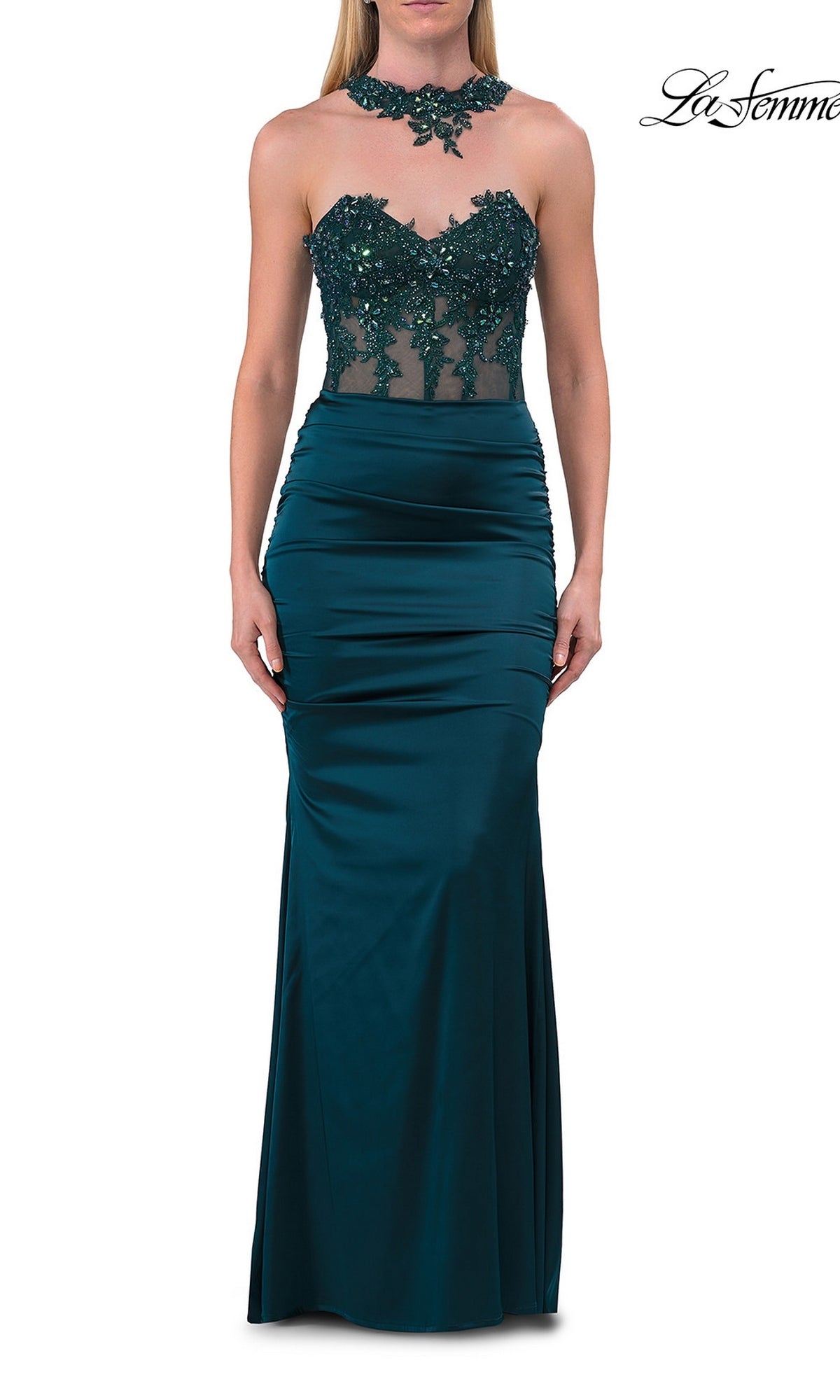 A woman wearing the La Femme 33696 Beaded-Lace-Choker Long Prom Dress in dark teal, which features a floral beaded-lace corset bodice, sheer high neckline, sleeveless design, and a fitted ruched floor-length skirt.