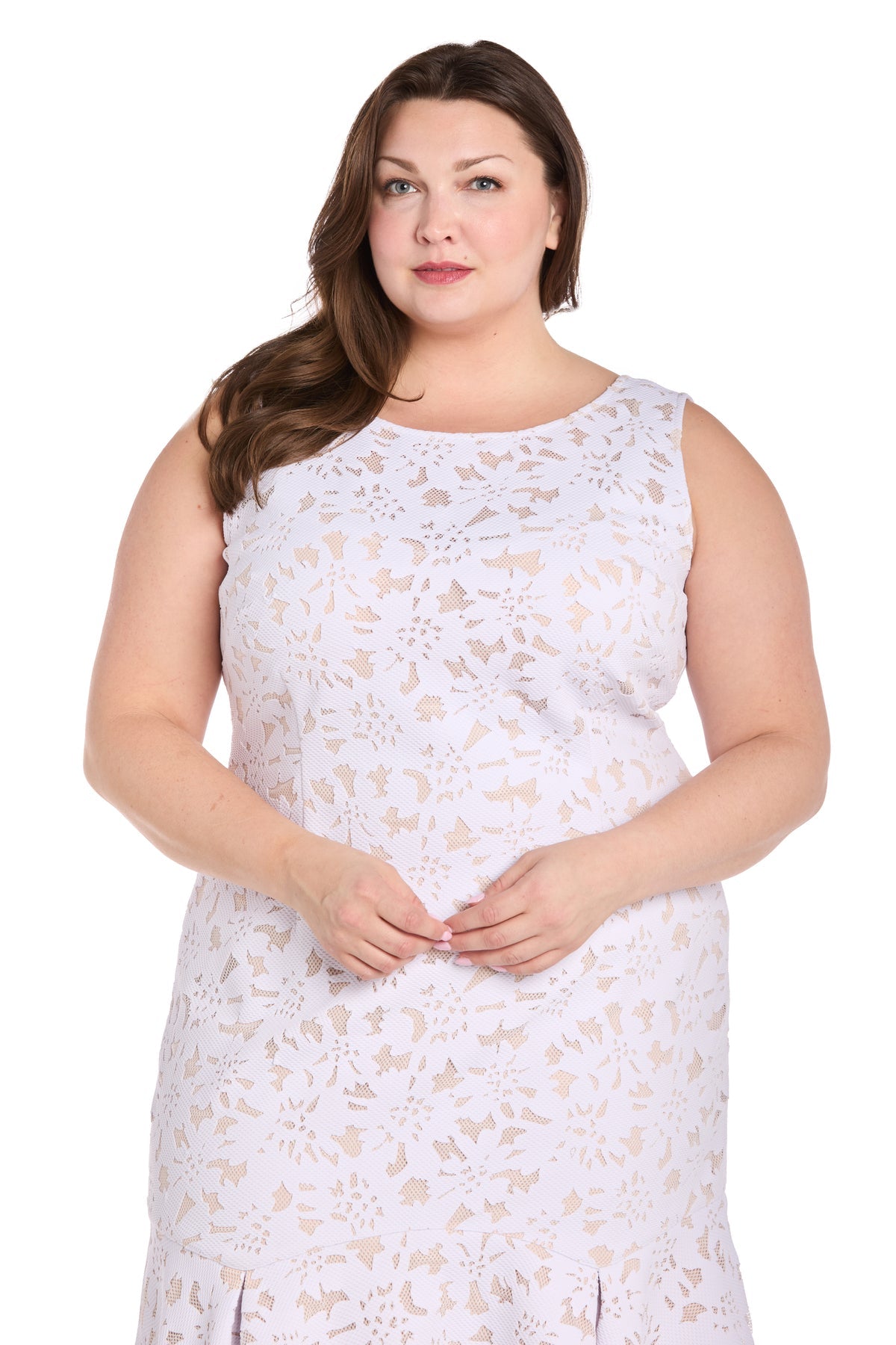 A woman with long brown hair wears the R&M Richards 3506W Plus Knee Length Party Dress and stands against a plain white background.
