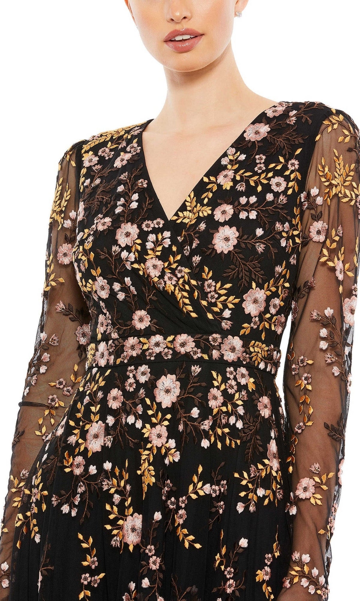 A person wearing the Mac Duggal Midi Floral Wedding Guest Dress—a black, long-sleeve midi dress with a V-neck and pink and gold floral embroidery—perfect as a semi-formal outfit.