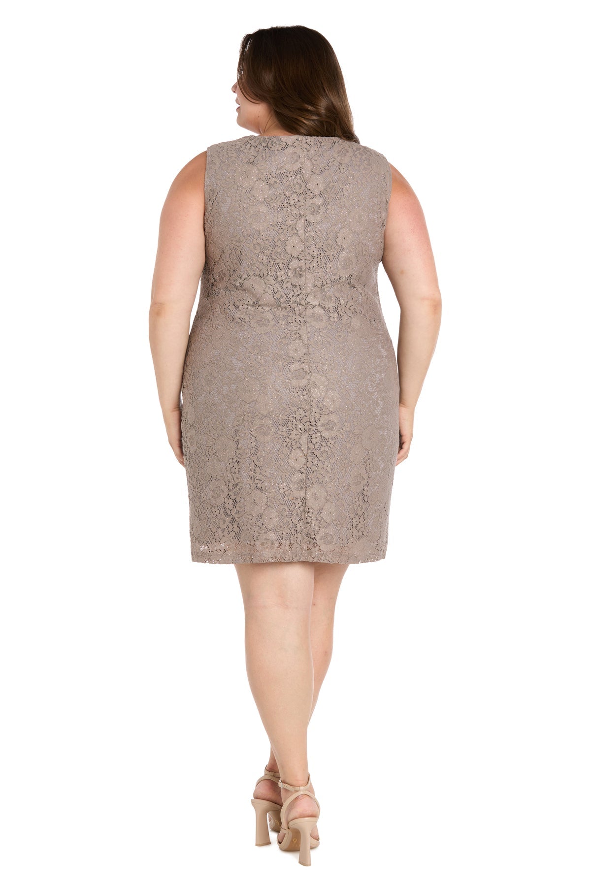A woman is shown from the back in a plus-size R&M Richards 3594W short jacket dress, sleeveless and knee-length in taupe lace, paired with nude heels against a white background.