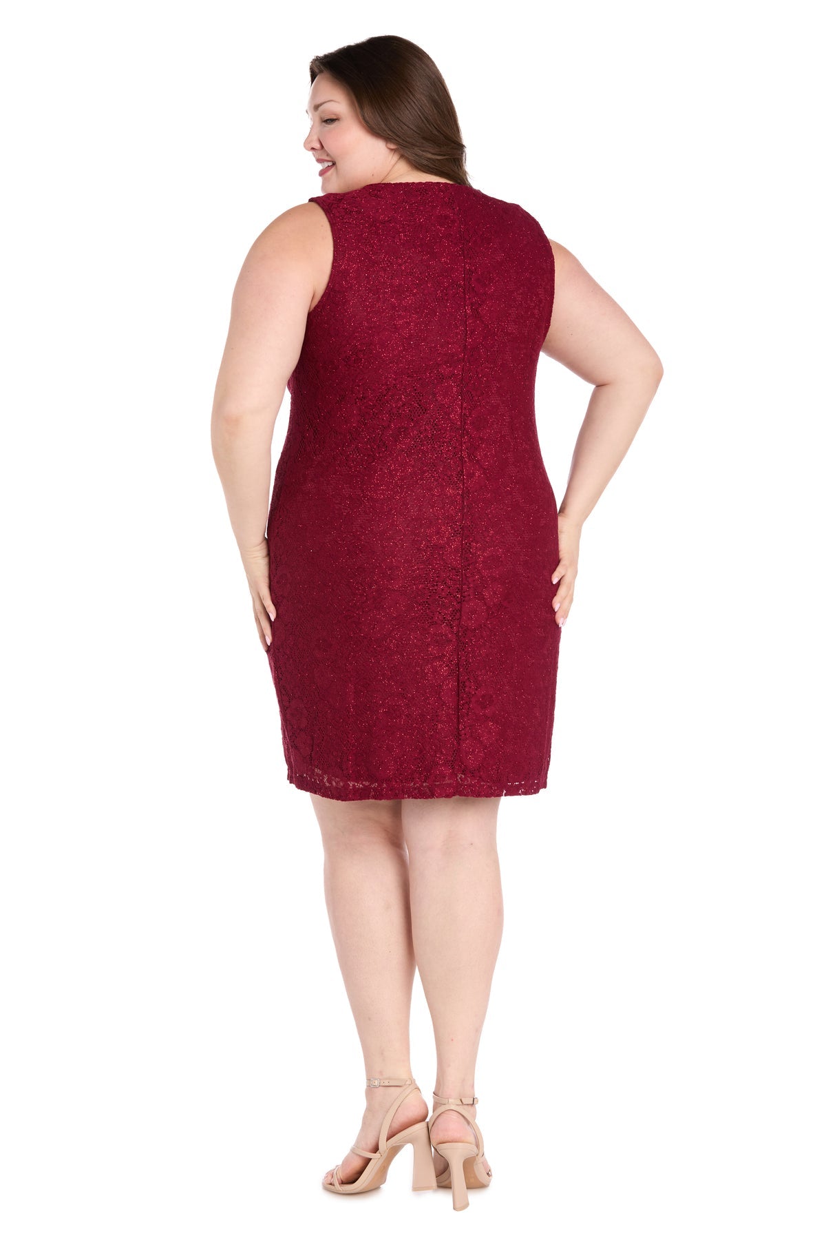 A woman is shown from the back wearing the plus-size R&M Richards 3594W short jacket dress, sleeveless and knee-length, in burgundy lace with nude heels against a white background.