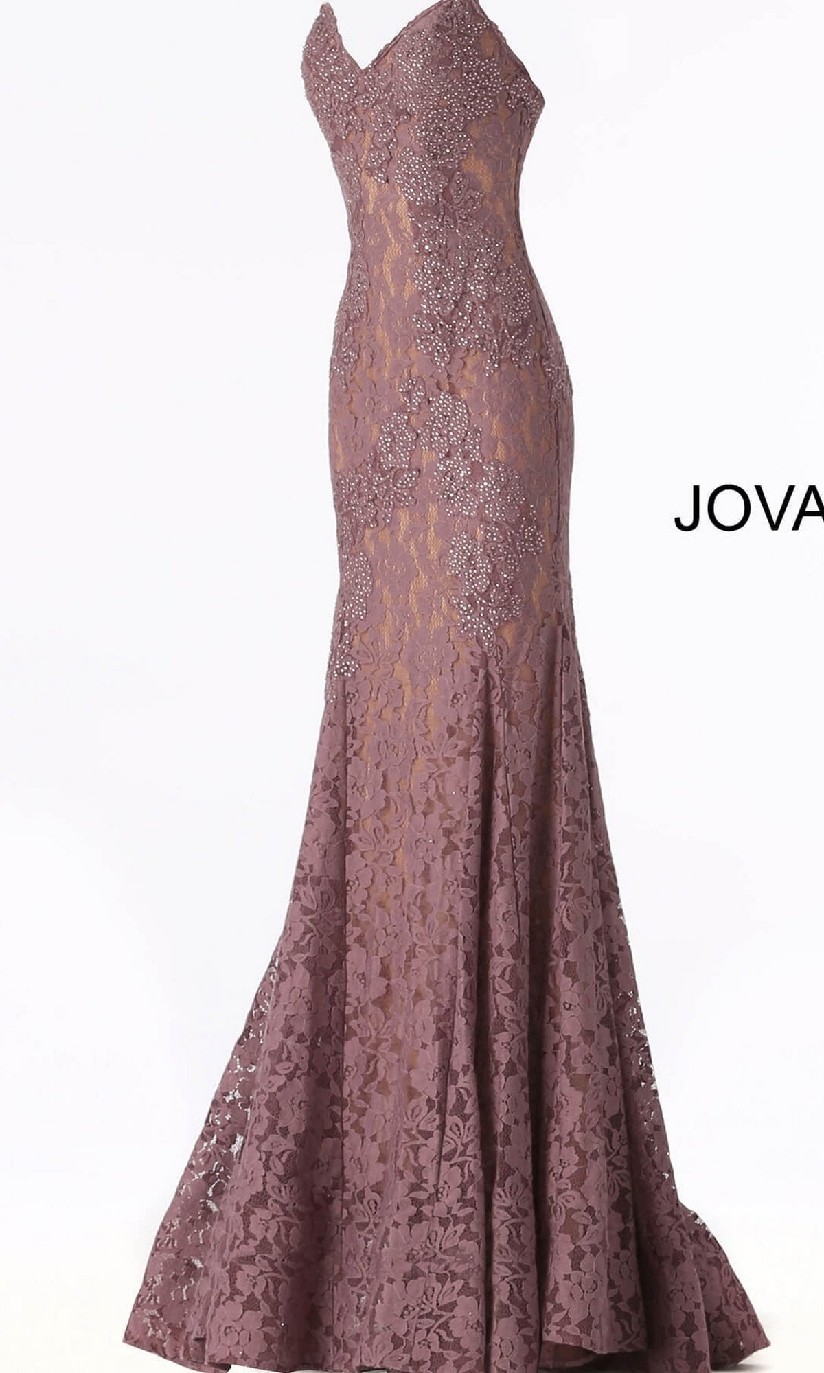 Mauve strapless floor-length mermaid gown, the Jovani 37334 Strapless Long Lace Prom Dress, featuring a sweetheart neckline, lace overlay, and scattered beading.