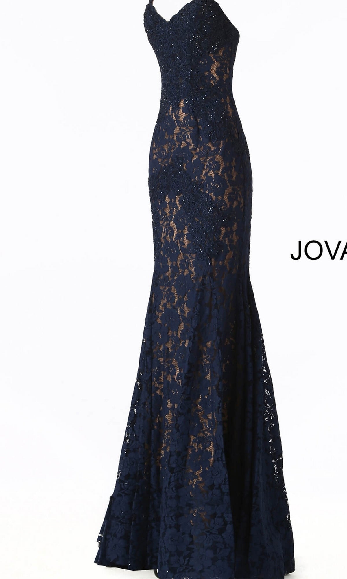 Navy blue Strapless Long Lace Prom Dress Jovani 37334, a floor-length strapless lace gown with a sweetheart neckline and a mermaid silhouette over a nude lining.
