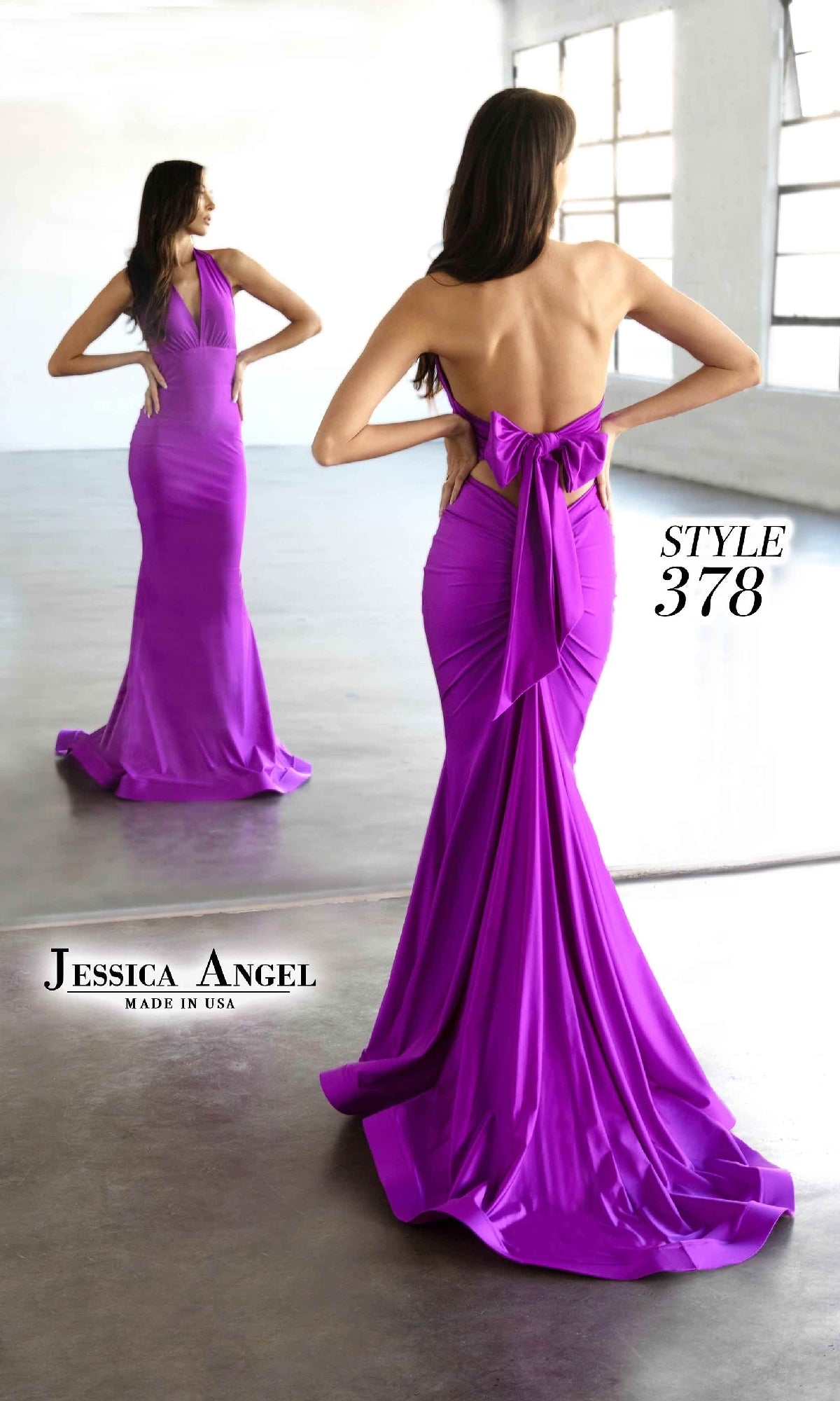 Two women model the Back Bow Long Halter Prom Dress: Jessica Angel 378, a floor-length, form-fitting bright purple mermaid gown with a stylish back bow. This formal dress is proudly made in the USA.
