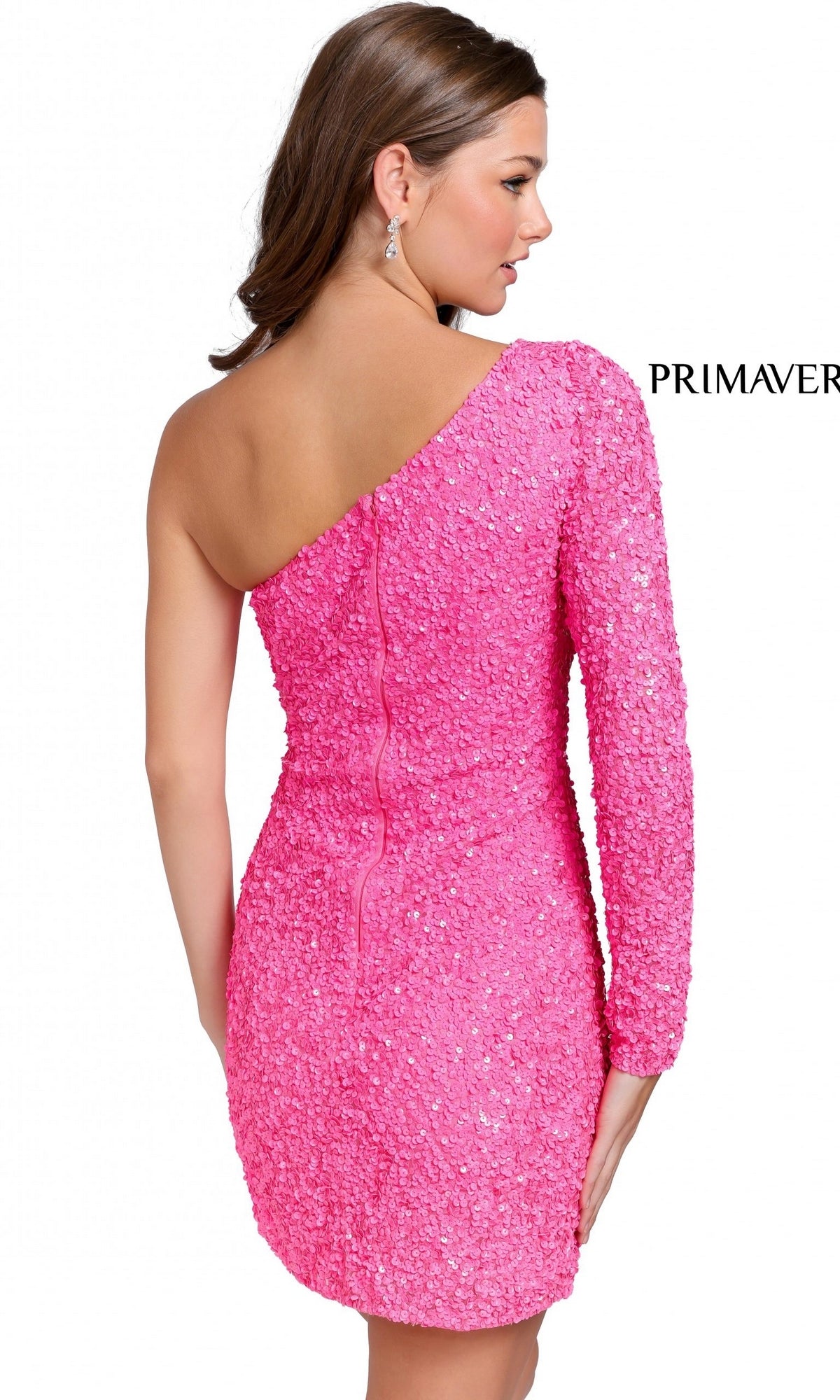 Viewed from the back, a woman wears the Faux-Wrap Beaded One-Sleeve Mini Party Dress 3860—a textured, bright pink mini dress featuring an asymmetrical neckline.