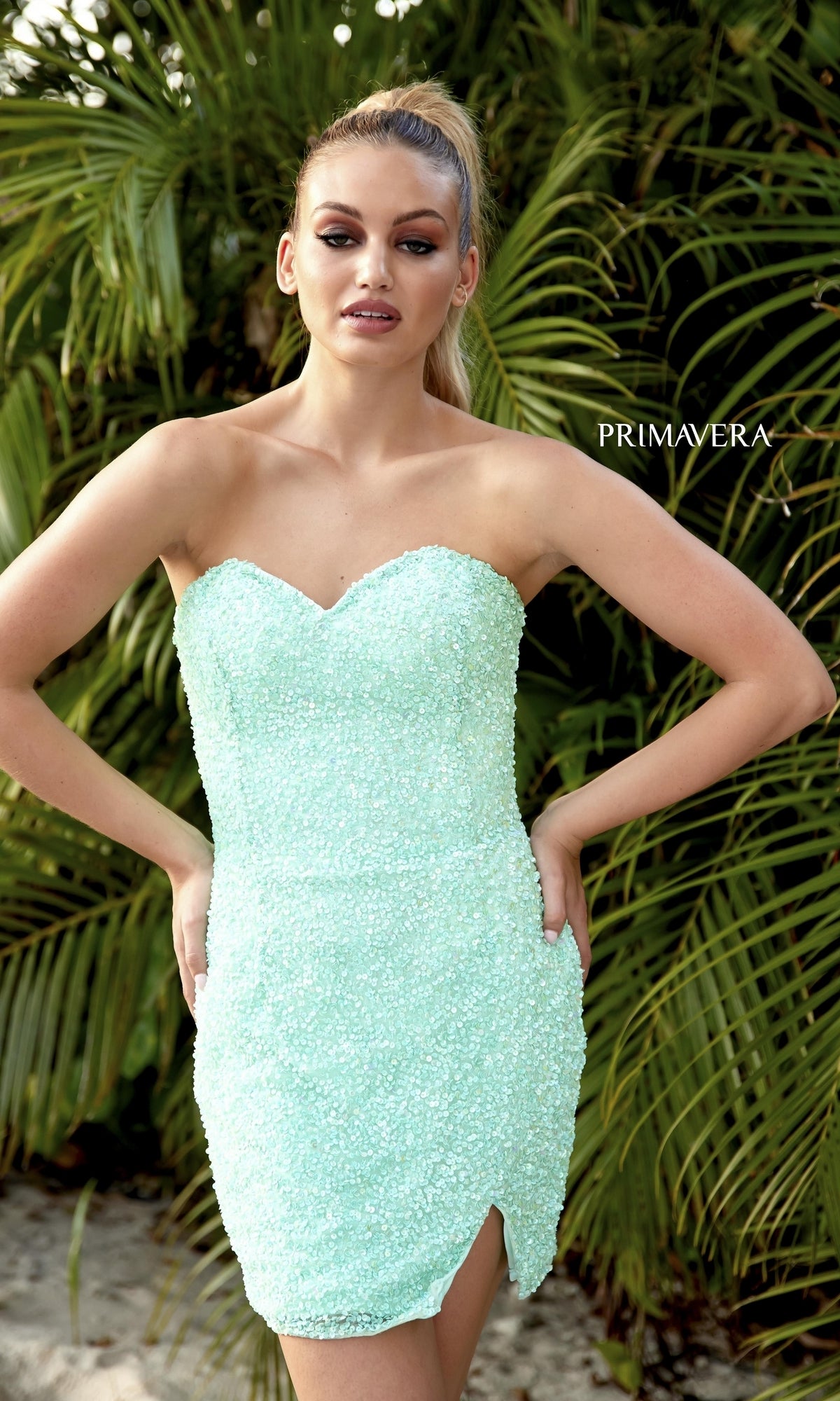 A woman in the Strapless Sweetheart Sequin Homecoming Dress 3899.