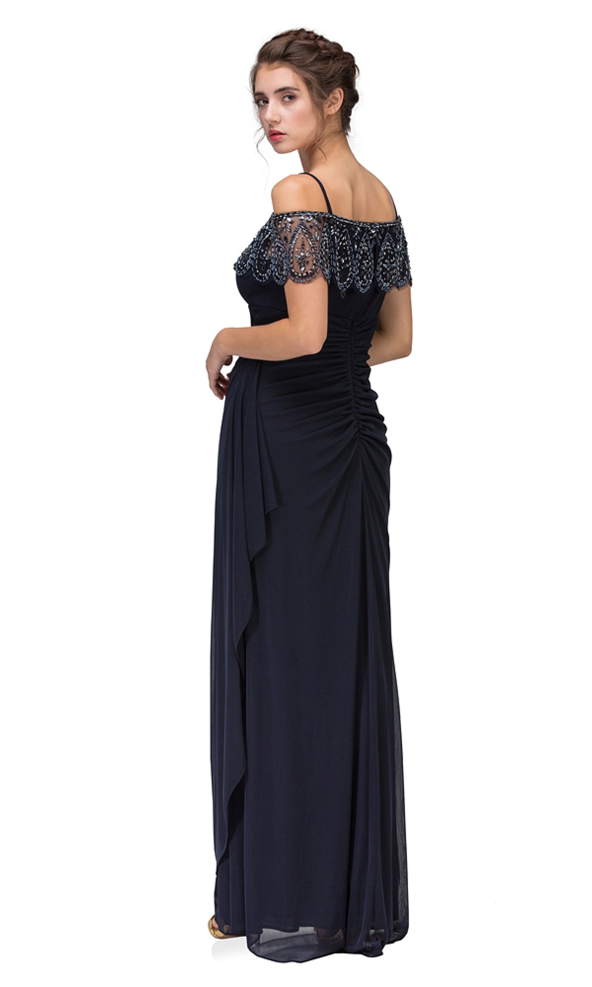 Woman in the Off-Shoulder Draped Long Formal Dress: Eureka 3937, featuring beaded sleeve embellishments and an elegant silhouette—an ideal choice for special occasions and memorable evenings.