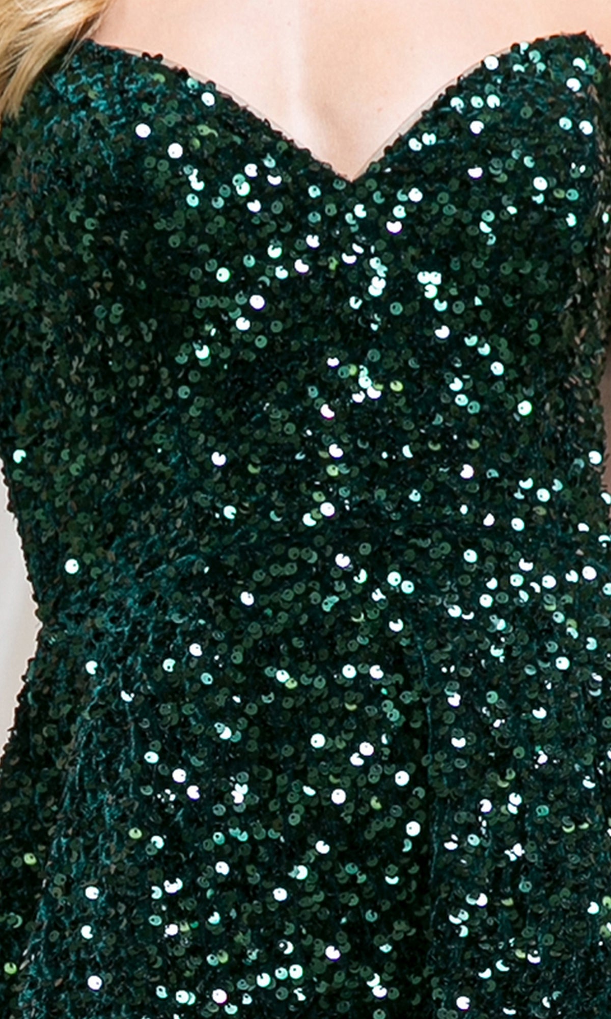 Close-up of the Short Sequin Strapless A-Line Prom Dress 395S in dark green, featuring a shimmering sequin bodice and flattering waist—an elegant pick for your next event.