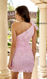 One-Shoulder Feathered Beaded Cocktail Dress 4004