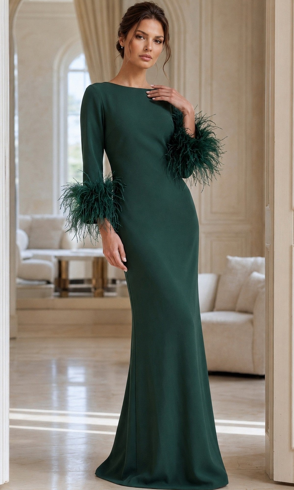 A woman wearing the Jovani 40200 long formal dress in hunter crepe with feathered cuffs stands in an elegant, light-filled room featuring cream-colored furniture and arched windows.