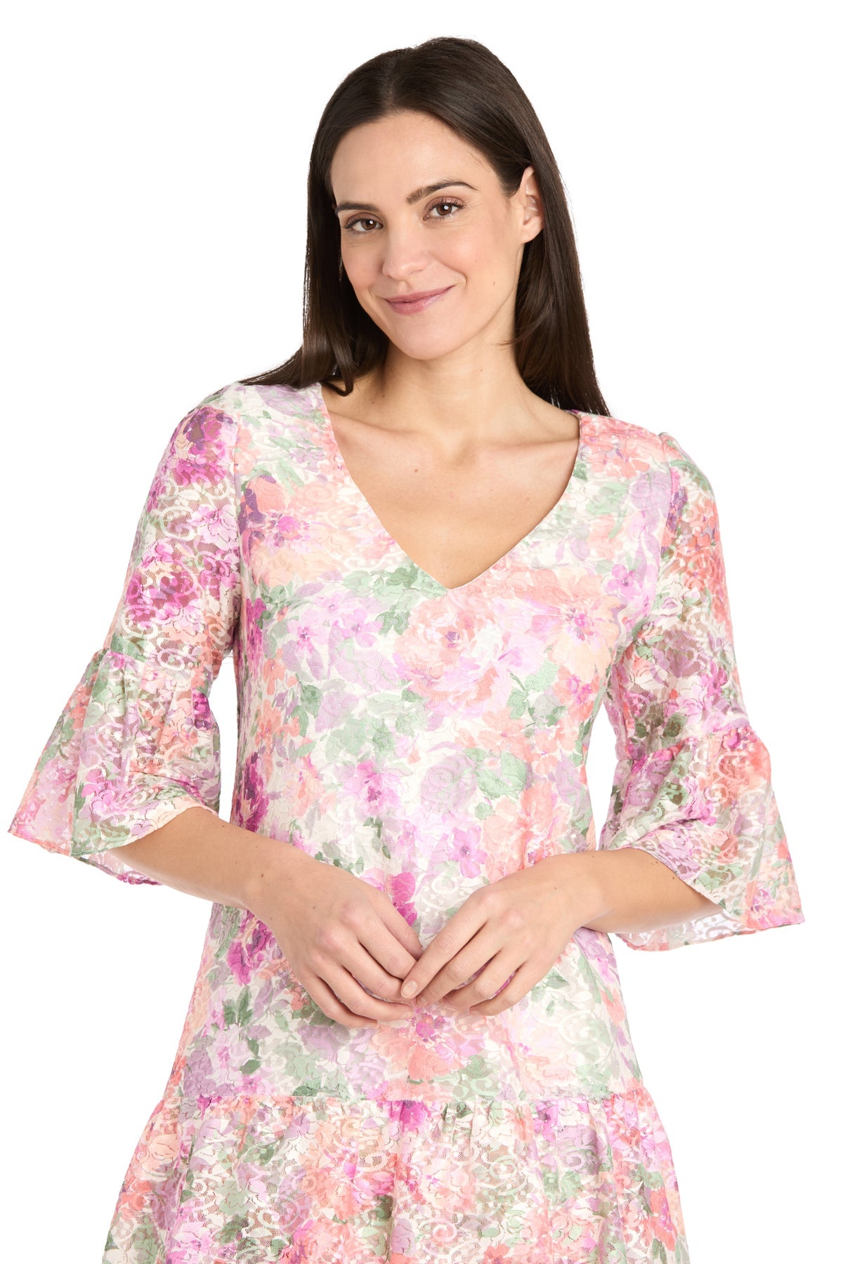 Woman wearing the R&M Richards 4107 Short Ivory Floral Party Dress with flared three-quarter sleeves, standing and smiling—a stylish choice for those seeking a casual cocktail dress.