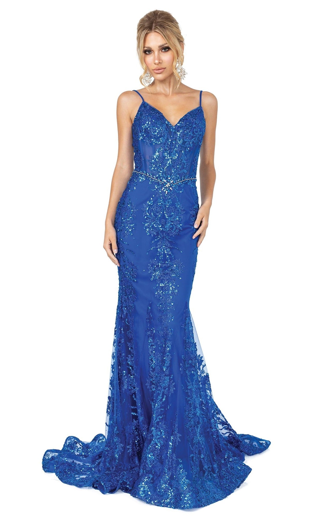 A woman poses against a white background in the Long Sequined and Beaded Mermaid-Style Prom Dress in royal—a sleeveless, floor-length gown with thin straps, a fitted bodice, and a flared hem—making it the perfect sparkly prom dress for an unforgettable entrance.