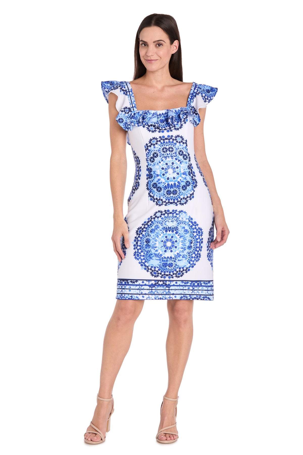 Model wears the R&M Richards 4134 Knee-Length Party Dress featuring elegant blue floral prints, a ruffled square neckline, and flutter sleeves. Styled with neutral heels against a white background for a fresh, feminine look.