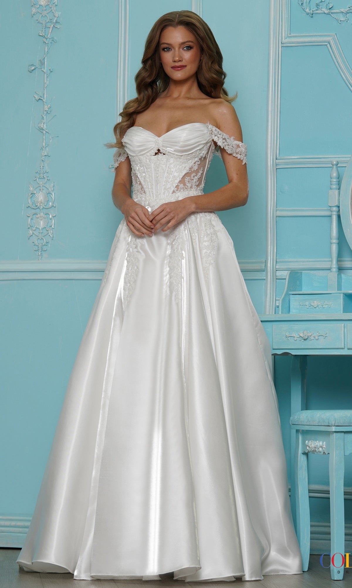 Off-white floor-length A-line Long Prom Dress: Colors Dress 4150 with an off-the-shoulder neckline, corset-style bodice, and intricate lace detailing.