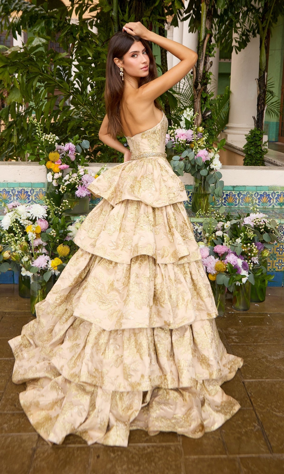 Strapless floor-length Long Prom Dress: Ava Presley 42555 featuring a tiered skirt and a gold metallic floral pattern.