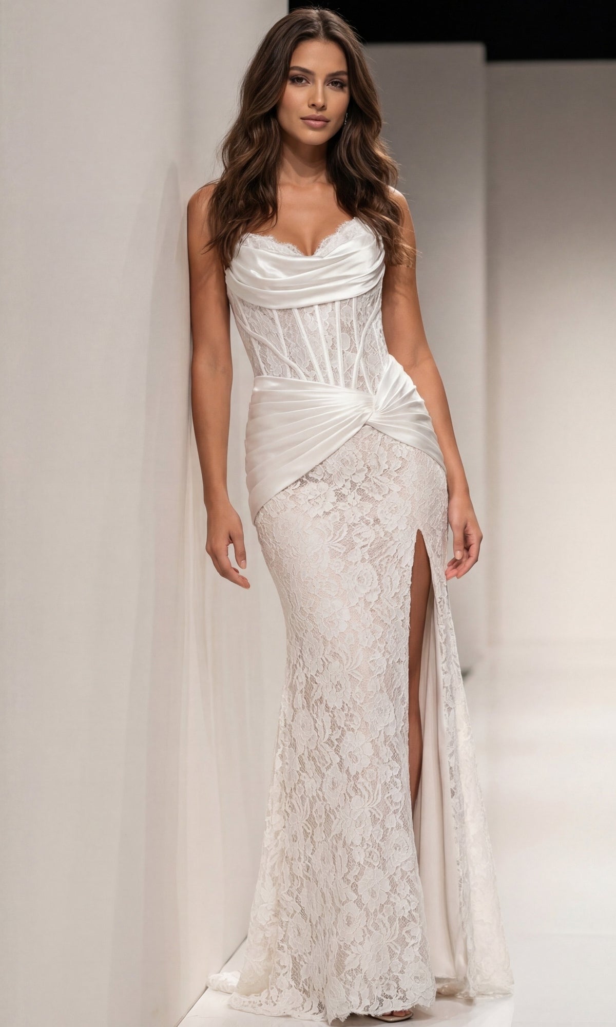 A woman wearing a white Strapless Sweetheart Prom Gown: Jovani 43859 featuring a strapless cowl neckline, corset bodice, and a side slit.