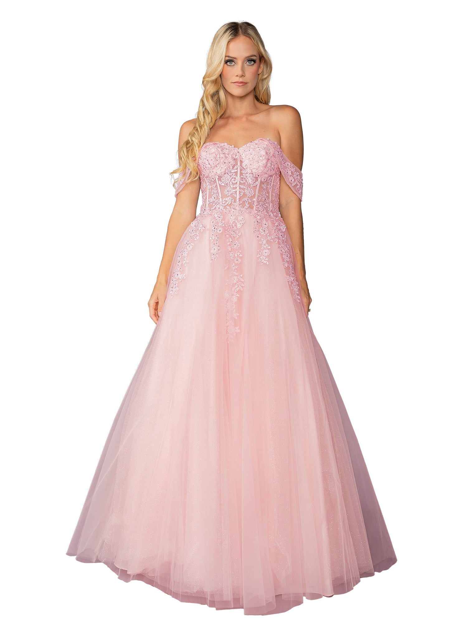 A woman wears the Off-Shoulder Prom Ball Gown: Dancing Queen 4429, featuring a fitted embroidered lace corset bodice and a flowing tulle skirt for an elegant, floor-length silhouette.