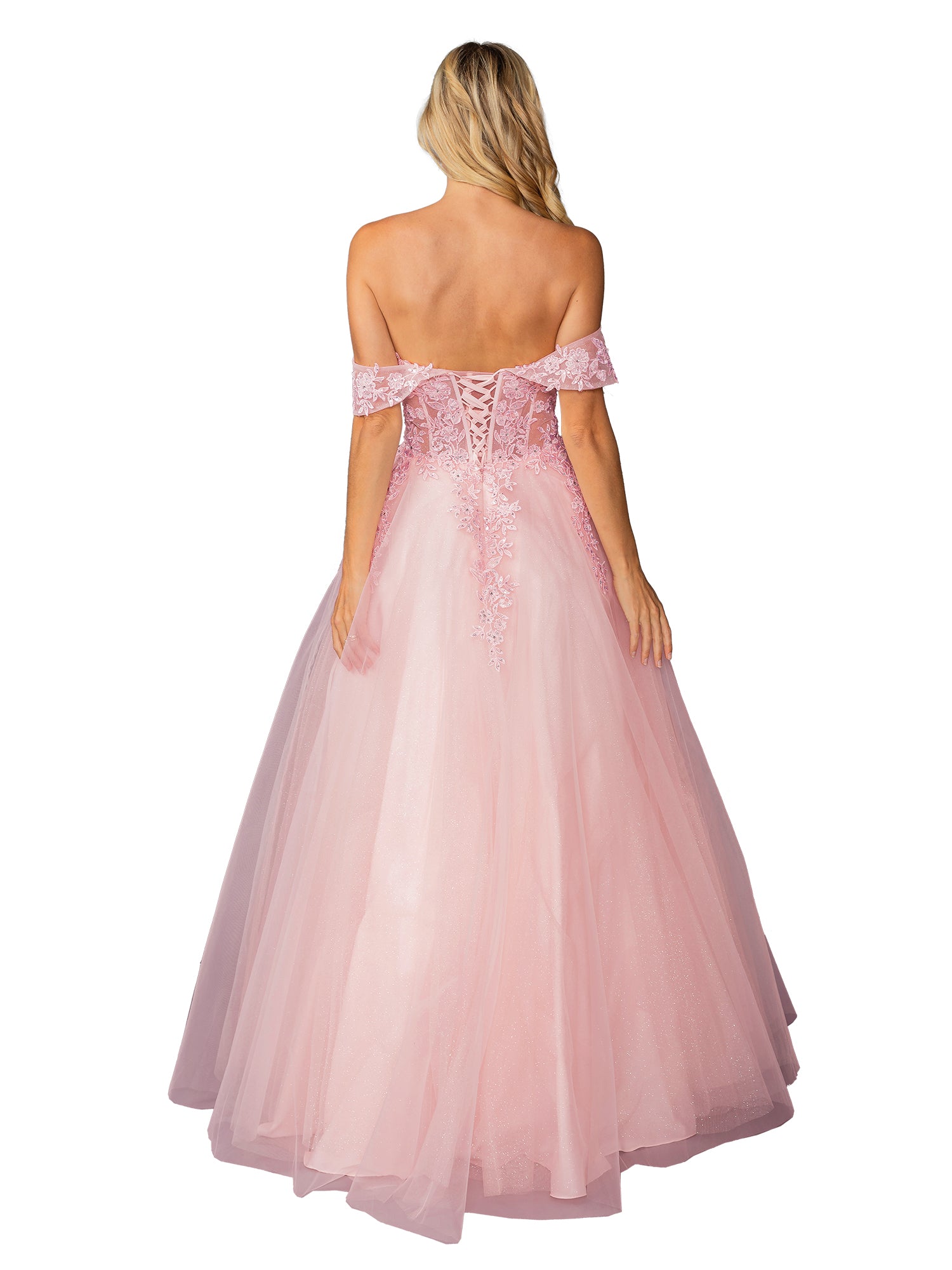 A woman with long blonde hair is seen from behind wearing the Dancing Queen 4429 Off-Shoulder Prom Ball Gown, showcasing its lace-up back.