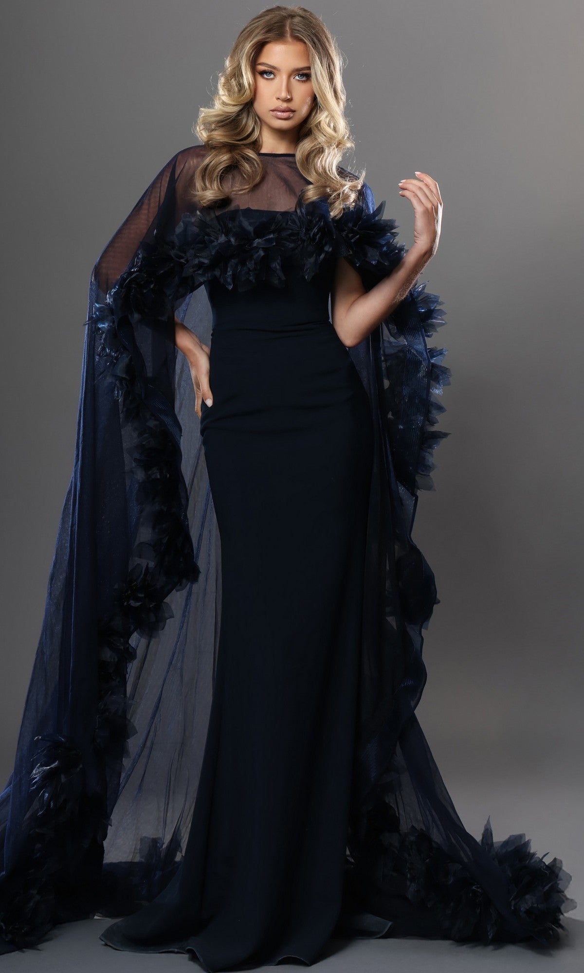 A woman wearing the Jovani 44321 Long Formal Dress—a fitted, floor-length navy gown featuring sheer cape-like sleeves adorned with dark floral accents—stands against a gray backdrop.