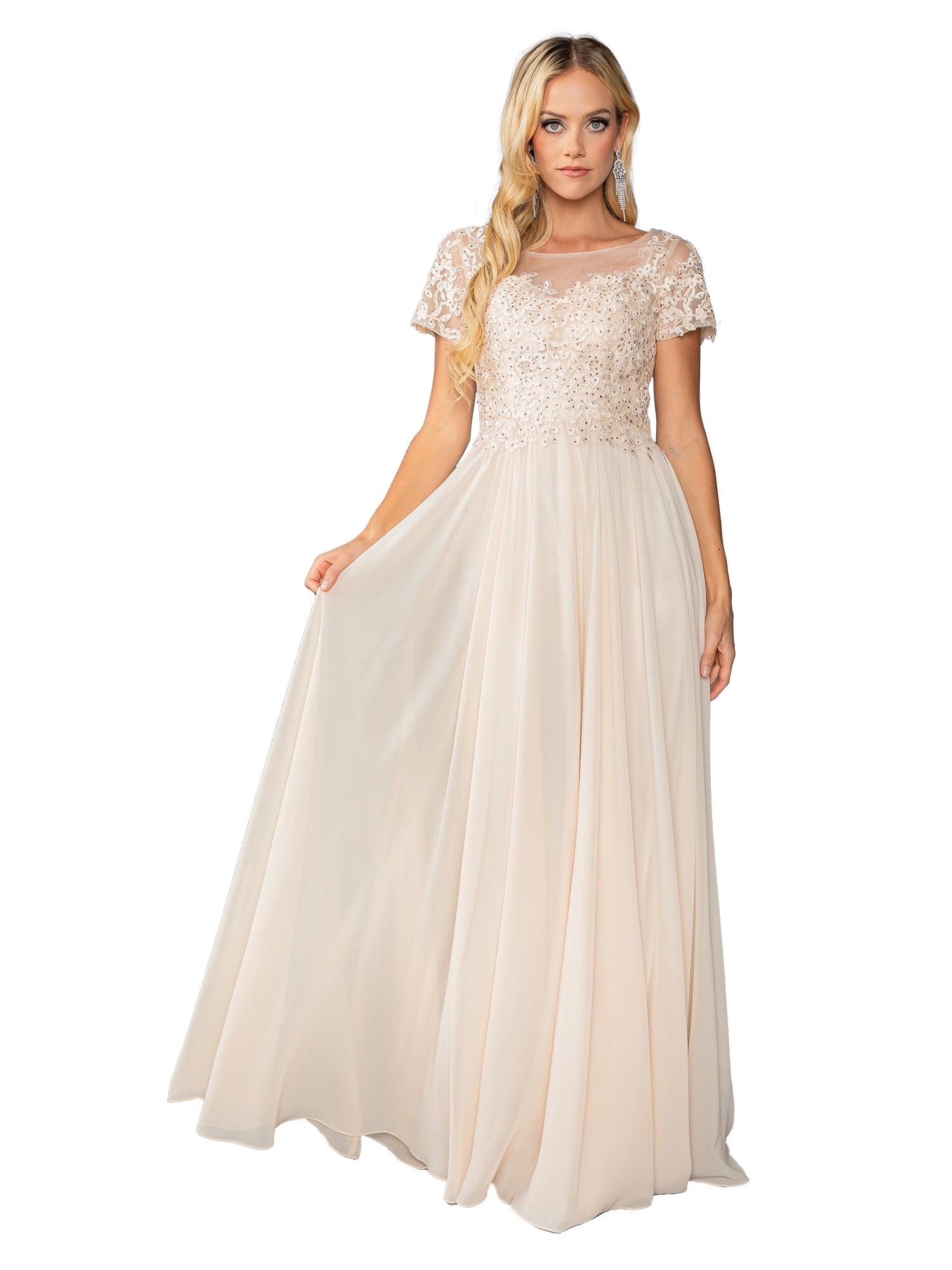 A woman in the Dancing Queen 4433 short sleeve long prom dress, featuring a light beige beaded skirt and lace bodice, stands against a white background.