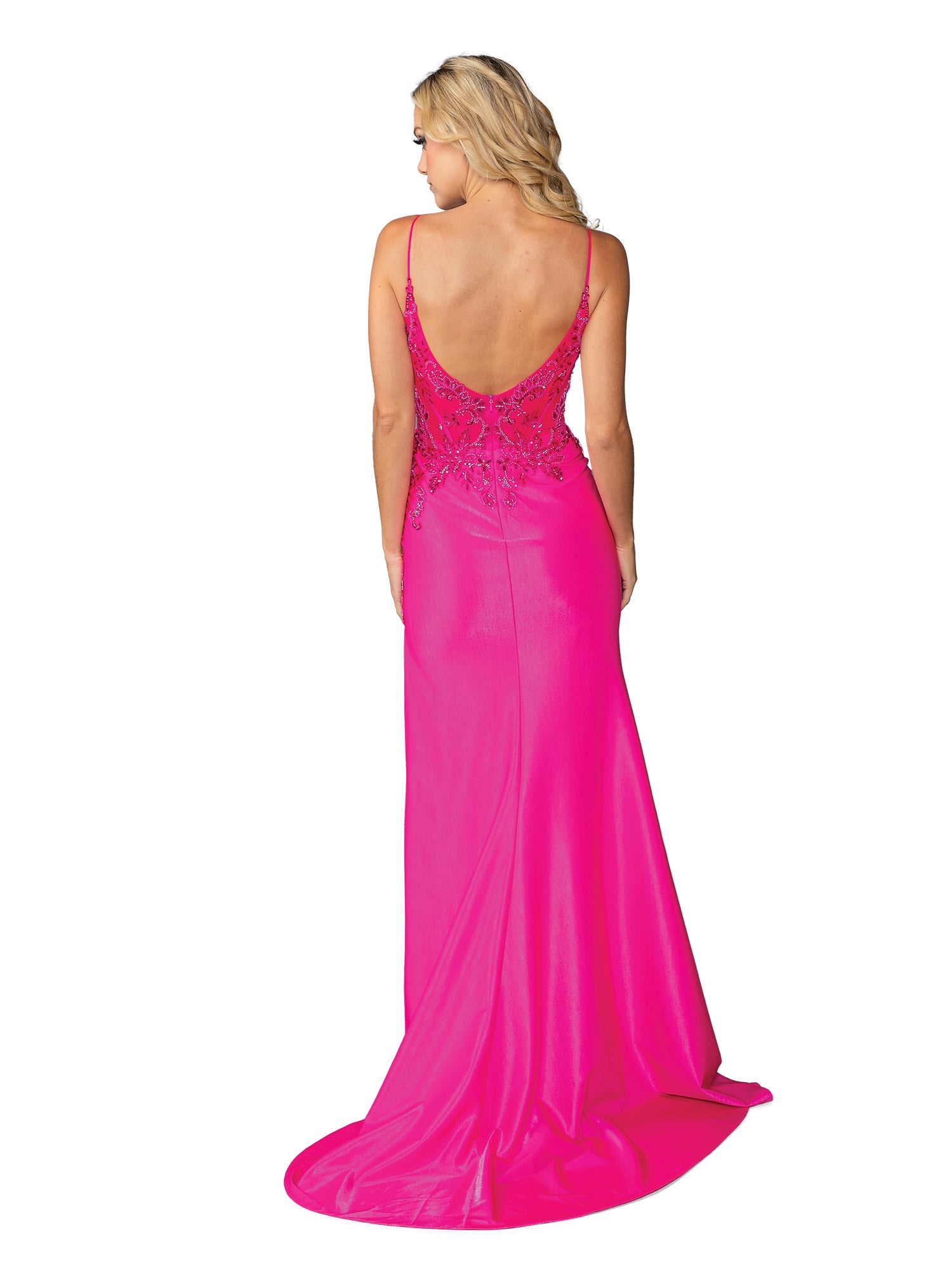 Woman wearing the Long Sequin-Print Prom Dress Dancing Queen 4436 in bright pink with a low back and thin straps, standing and facing away against a white background.