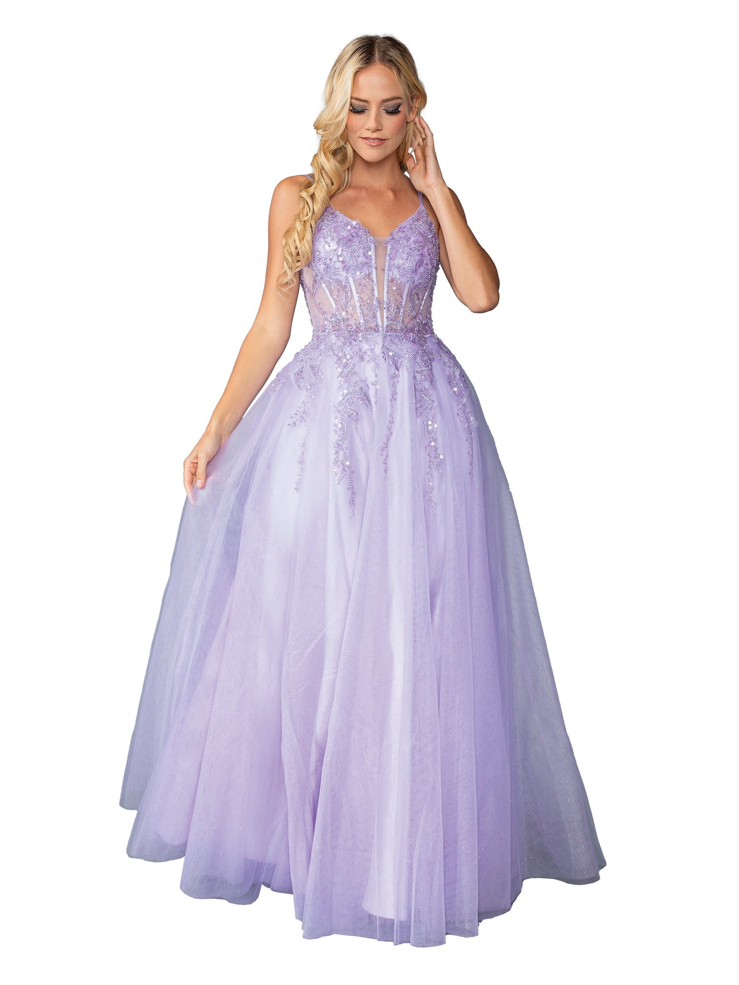 A woman stands against a white background wearing the Dancing Queen 4437 Long Tulle Prom Ball Gown—a floor-length plus size purple dress with thin straps, fitted bodice, and a full tulle skirt.