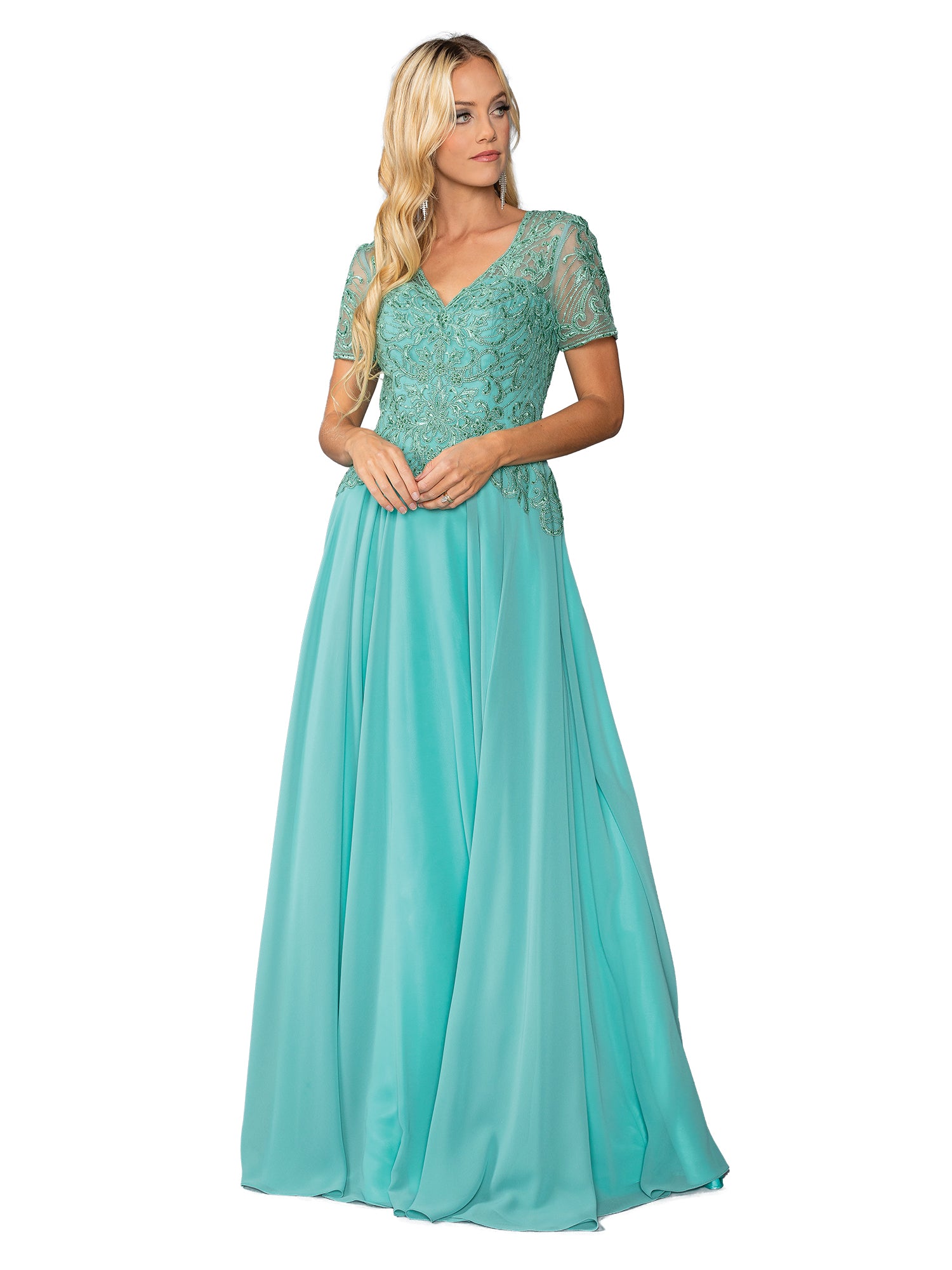 A woman wearing the Dancing Queen 4445 short-sleeve long formal dress with an embroidered lace bodice and flowing A-line skirt stands against a white background.