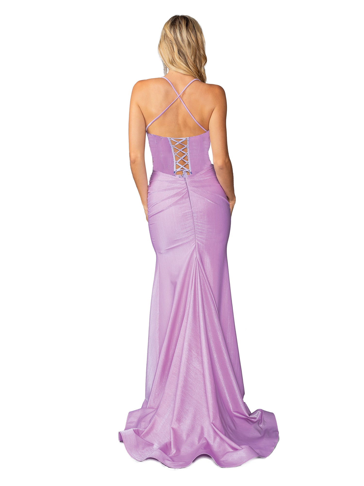 A woman stands with her back to the camera in the Dancing Queen 4456 Lace-Up Long Corset Prom Dress, a floor-length, sleeveless lavender gown featuring a lace-up open back and crisscross straps.