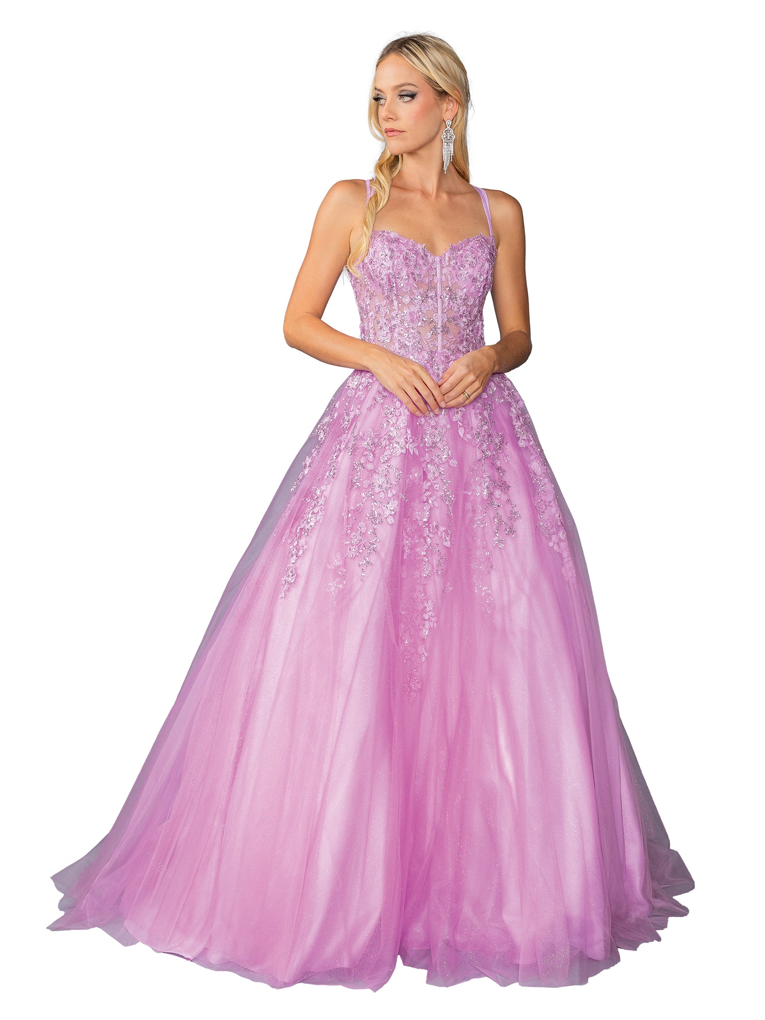 A woman stands against a white background wearing the Dancing Queen 4458 Lilac Purple Prom Ball Gown, a floor-length, sleeveless dress featuring elegant floral embroidery.