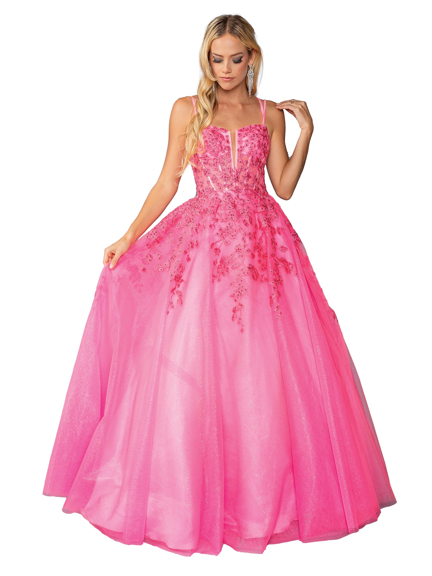 A woman models the Dancing Queen 4459 hot pink long prom ball gown, featuring floral embroidery on the bodice and a full tulle skirt, against a white background.