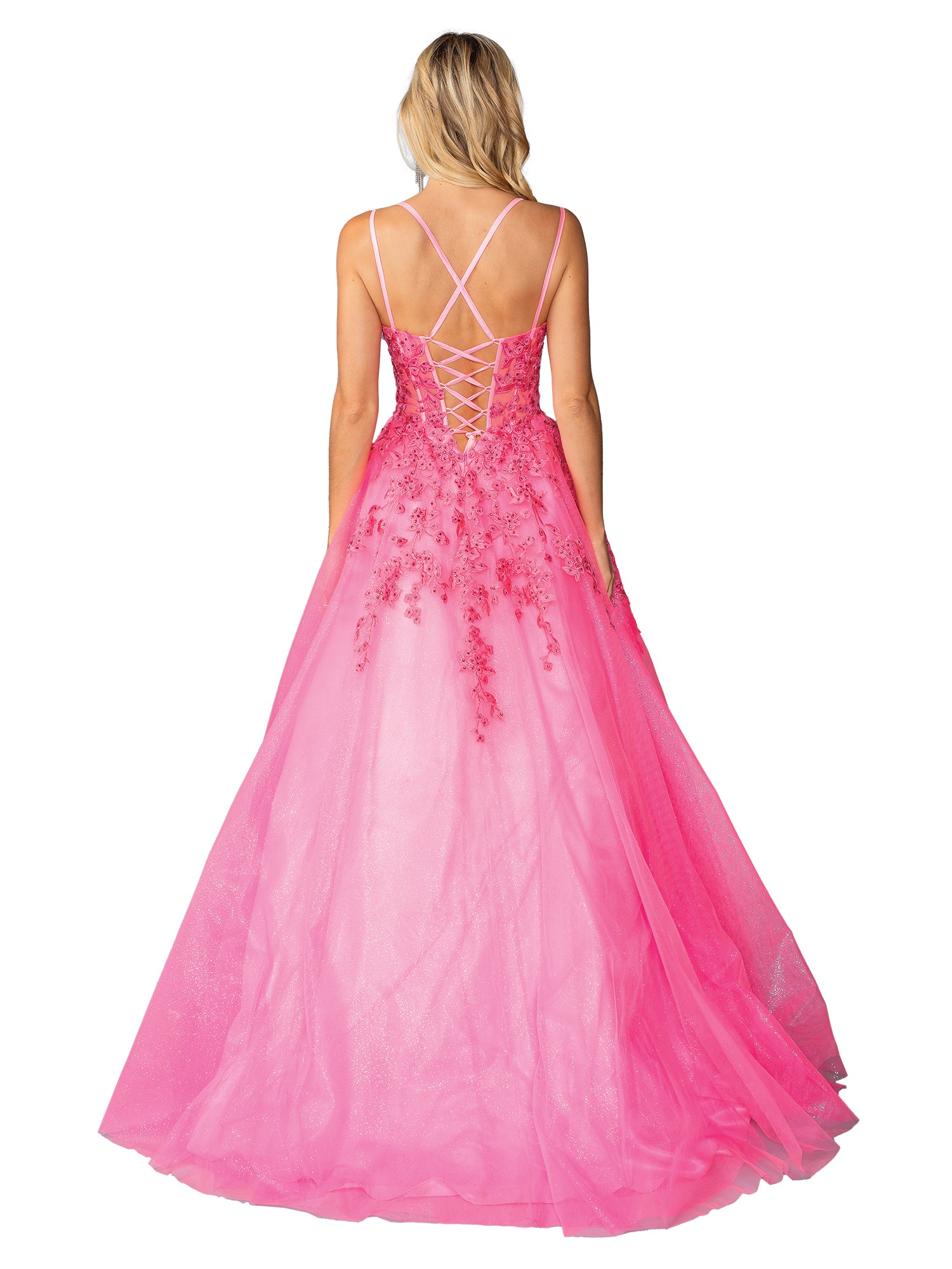 Woman in the Dancing Queen 4459: a hot pink long prom ball gown with floral appliqué, lace-up back, and thin crisscross straps—an elegant A-line photographed from behind against a white background.
