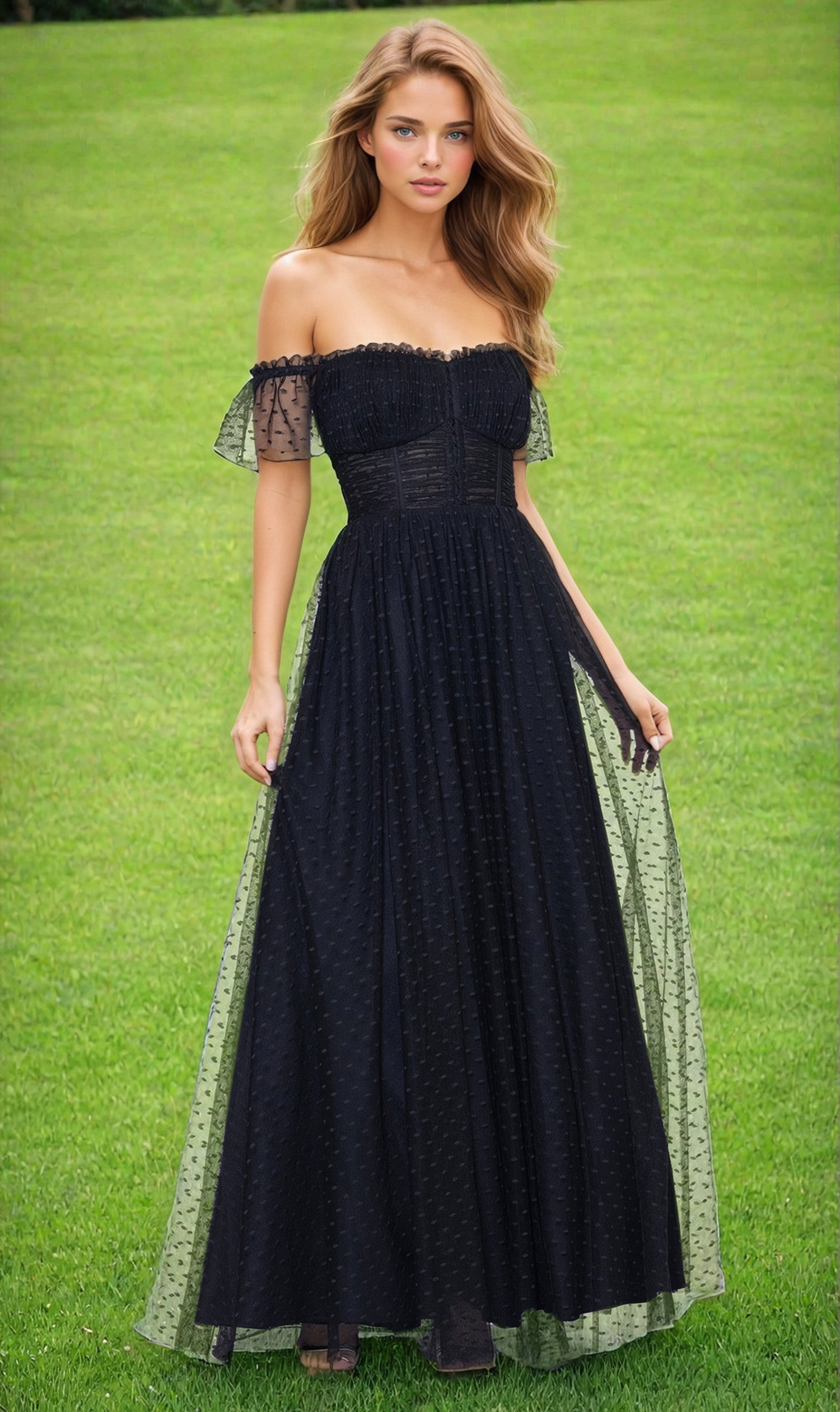 A woman stands on grass in the Swiss Dot Long Black Lace-Up Prom Dress 4601BN. This elegant, off-the-shoulder black gown features sheer sleeves and subtle Swiss dot details for a timeless prom or formal look.