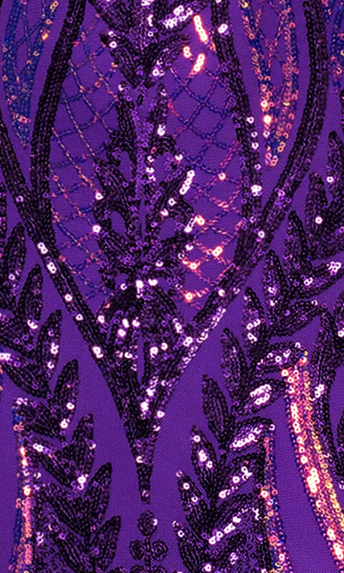 Close-up of a purple fabric with black and purple sequin embroidery, echoing the detailed patterns on the Blondie Nites 4610BN Long Sequin-Print Prom Dress.