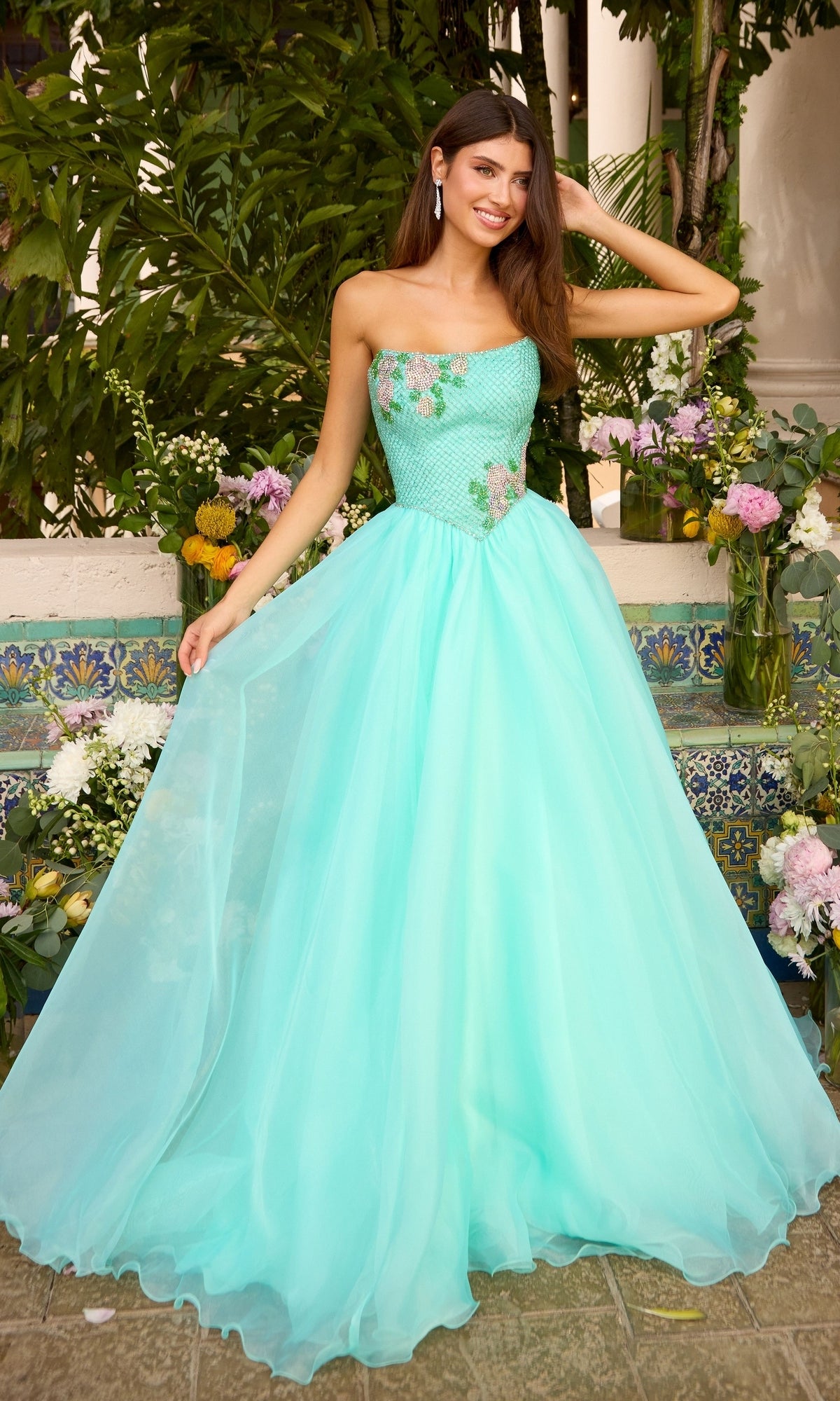 Long Prom Dress: Ava Presley 47424, a strapless turquoise ballgown with floral embroidery on the bodice.