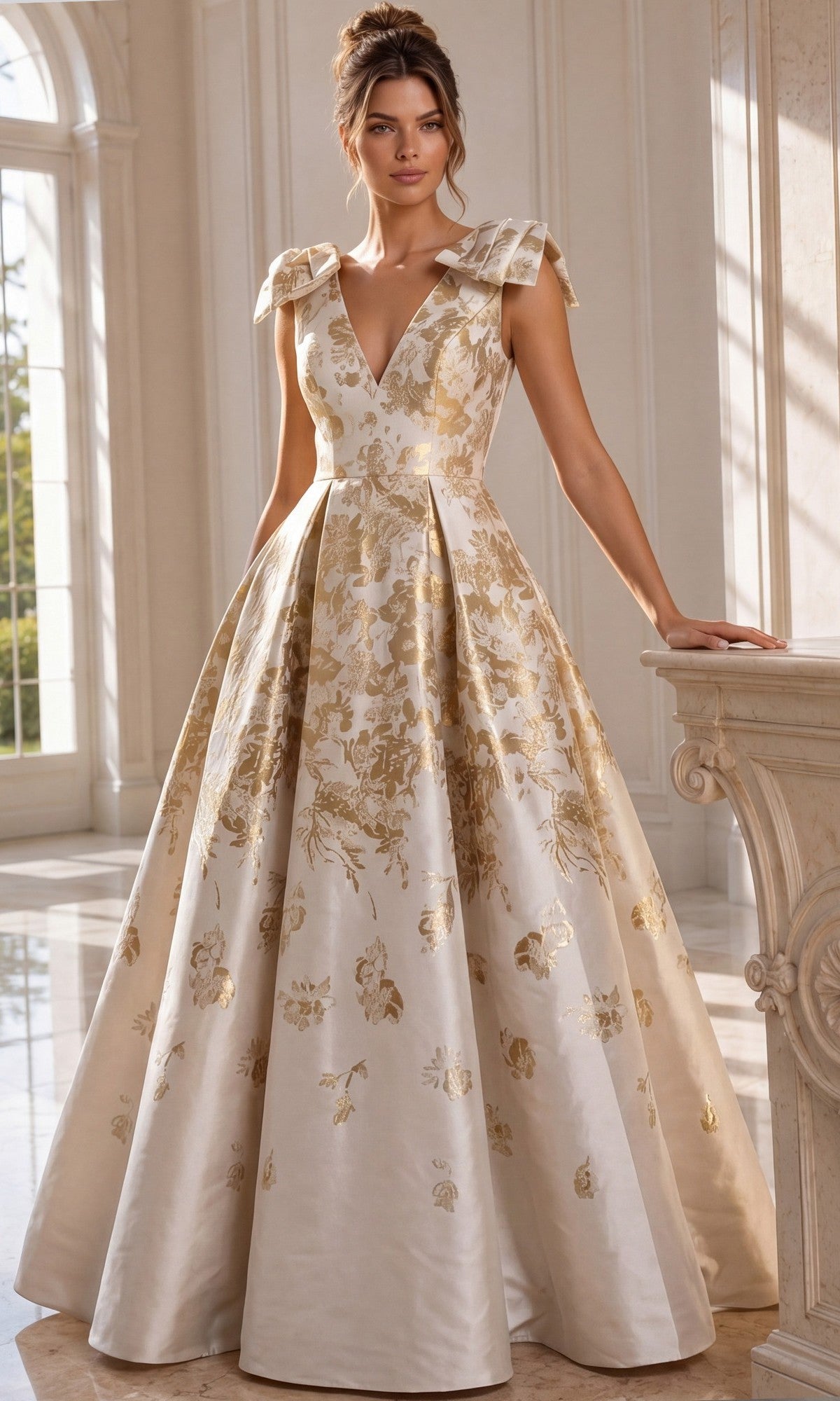 Wearing the Jovani 47491 long formal dress in champagne and gold, the woman stands indoors by a marble railing. The gown features a floor-length A-line silhouette with metallic gold brocade detailing, structured shoulders, and a deep V-neck, creating an elegant evening look.