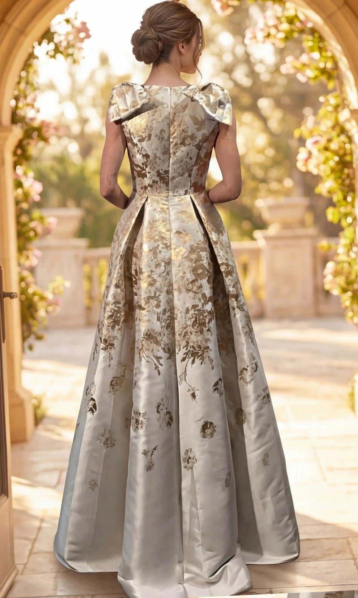 Wearing the Jovani 47491 Long Formal Dress, a woman stands on a sunlit stone terrace with her back to the camera. The elegant gown features a champagne hue with floral detailing and an A-line silhouette. Her hair is styled in a neat bun as flowers frame the arched doorway behind her.