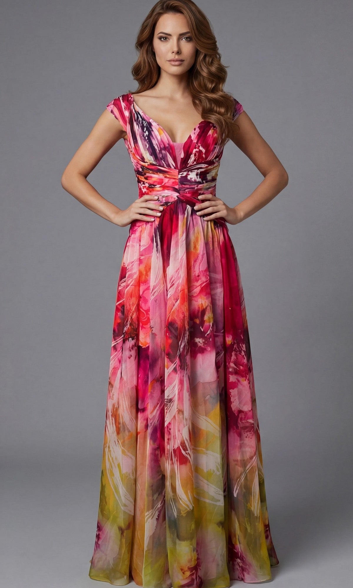 A woman stands against a neutral gray background wearing the Jovani 47499 Long Formal Dress, a sleeveless, floor-length gown in a colorful print with a graceful v-neck A-line silhouette.