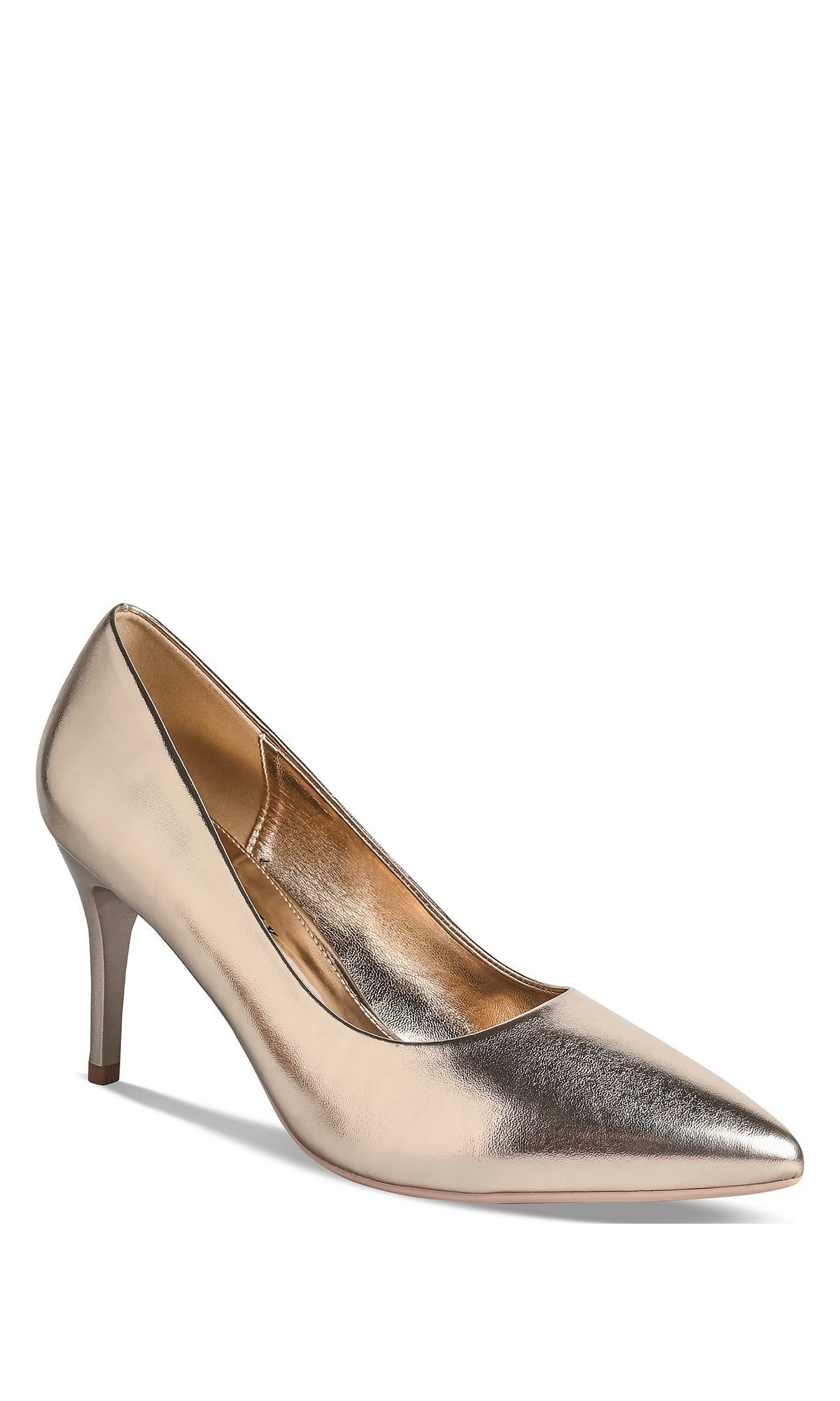 The Tia Gold Prom Shoe (Touch Ups 4751) in metallic gold features a pointed toe and mid-height stiletto heel, shown against a white background.