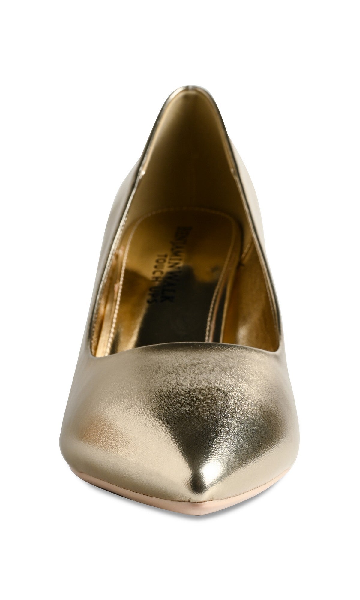 A front view of the Tia Gold Prom Shoes: Touch Ups 4751, featuring a single metallic gold pointy-toe design with visible insole and closed toe—ideal for adding elegance to your look.