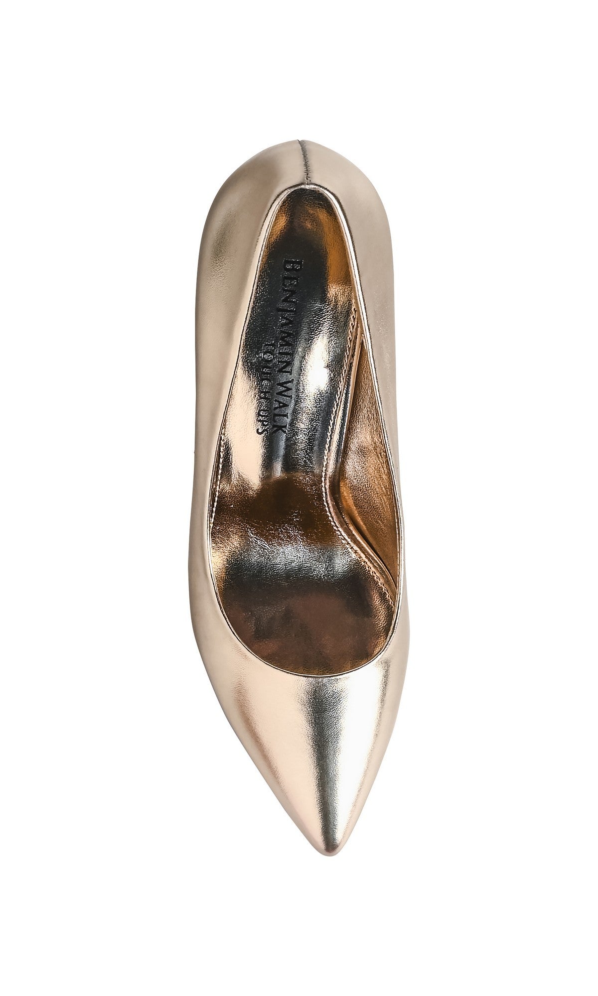 Top view of the Tia Gold Prom Shoes: Touch Ups 4751—a single metallic gold pointed-toe high heel on a white background, perfect for those seeking elegant gold prom shoes.